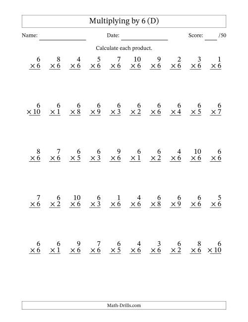 The Multiplying (1 to 10) by 6 (50 Questions) (D) Math Worksheet