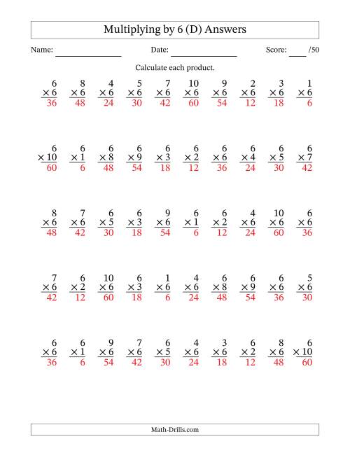 The Multiplying (1 to 10) by 6 (50 Questions) (D) Math Worksheet Page 2