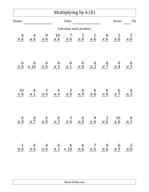 The Multiplying (1 to 10) by 6 (50 Questions) (E) Math Worksheet