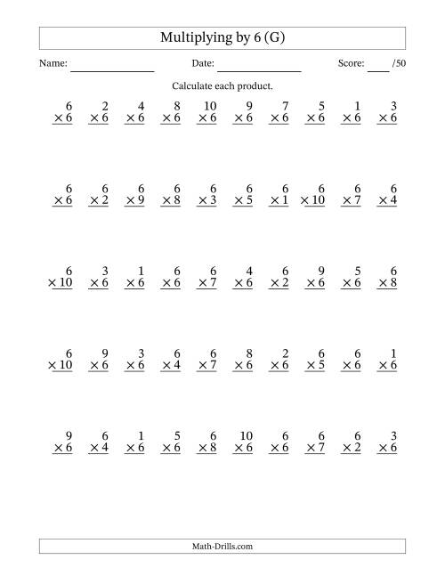 The Multiplying (1 to 10) by 6 (50 Questions) (G) Math Worksheet