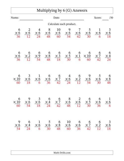 The Multiplying (1 to 10) by 6 (50 Questions) (G) Math Worksheet Page 2