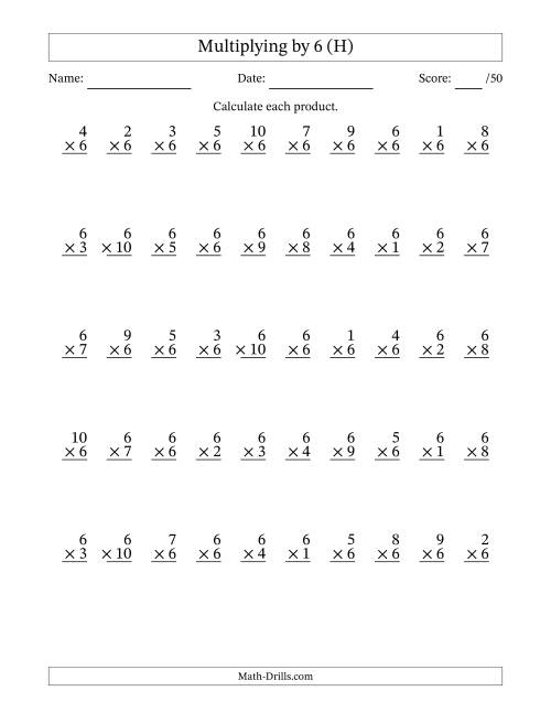 The Multiplying (1 to 10) by 6 (50 Questions) (H) Math Worksheet