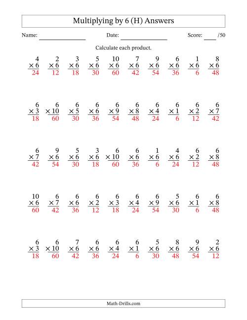 The Multiplying (1 to 10) by 6 (50 Questions) (H) Math Worksheet Page 2