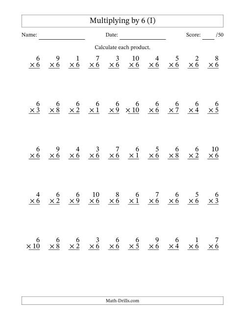 The Multiplying (1 to 10) by 6 (50 Questions) (I) Math Worksheet