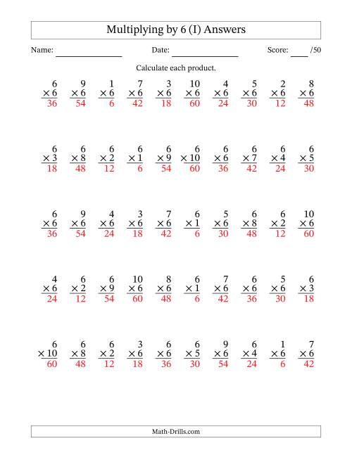 The Multiplying (1 to 10) by 6 (50 Questions) (I) Math Worksheet Page 2