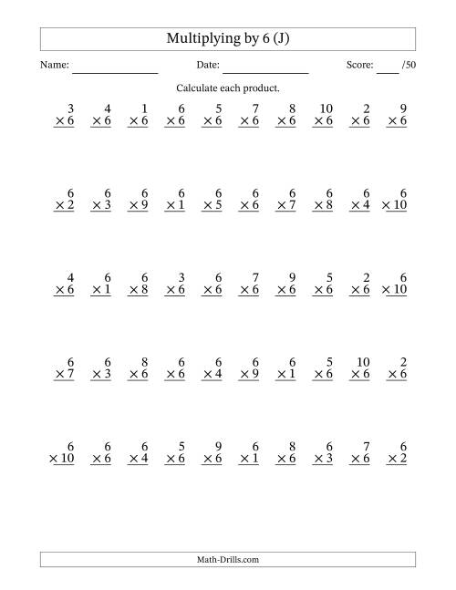 The Multiplying (1 to 10) by 6 (50 Questions) (J) Math Worksheet