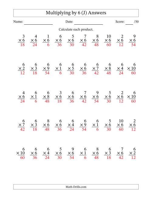 The Multiplying (1 to 10) by 6 (50 Questions) (J) Math Worksheet Page 2