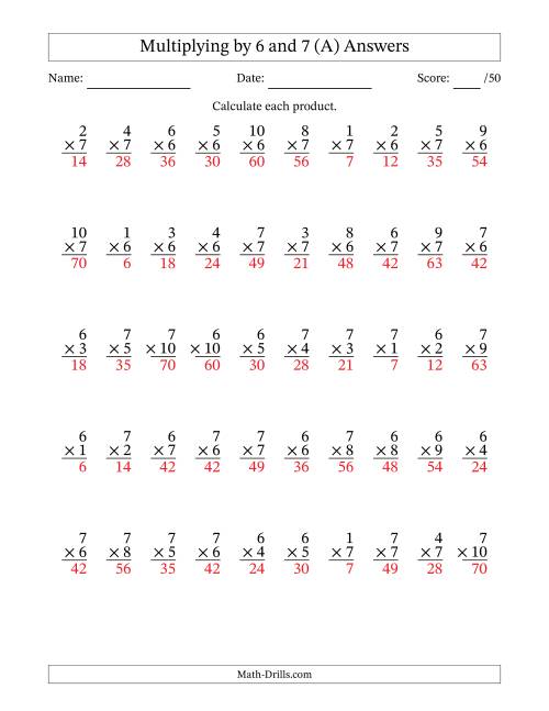 The Multiplying (1 to 10) by 6 and 7 (50 Questions) (A) Math Worksheet Page 2