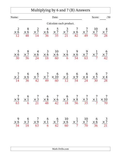 The Multiplying (1 to 10) by 6 and 7 (50 Questions) (B) Math Worksheet Page 2