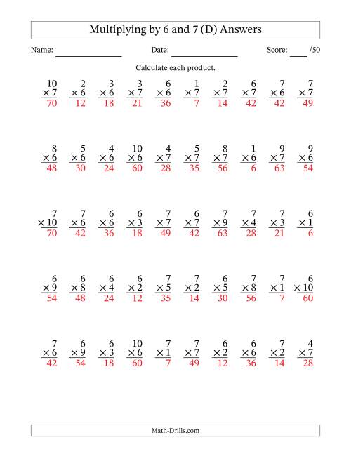 The Multiplying (1 to 10) by 6 and 7 (50 Questions) (D) Math Worksheet Page 2