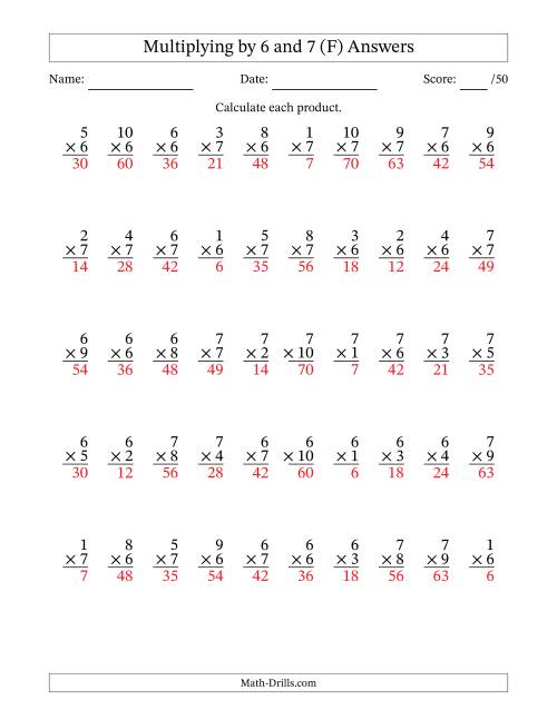 The Multiplying (1 to 10) by 6 and 7 (50 Questions) (F) Math Worksheet Page 2
