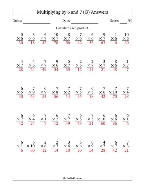 The Multiplying (1 to 10) by 6 and 7 (50 Questions) (G) Math Worksheet Page 2
