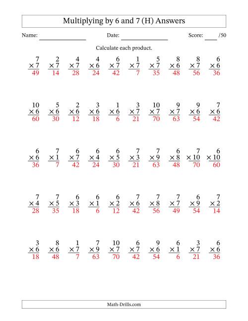The Multiplying (1 to 10) by 6 and 7 (50 Questions) (H) Math Worksheet Page 2