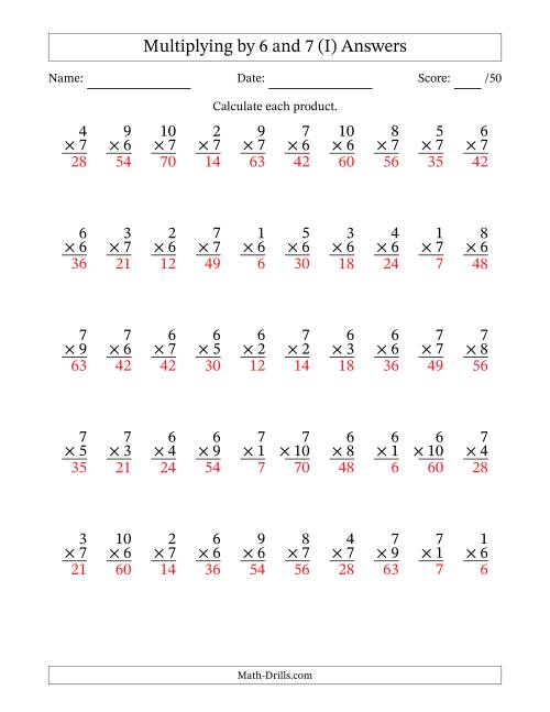 The Multiplying (1 to 10) by 6 and 7 (50 Questions) (I) Math Worksheet Page 2
