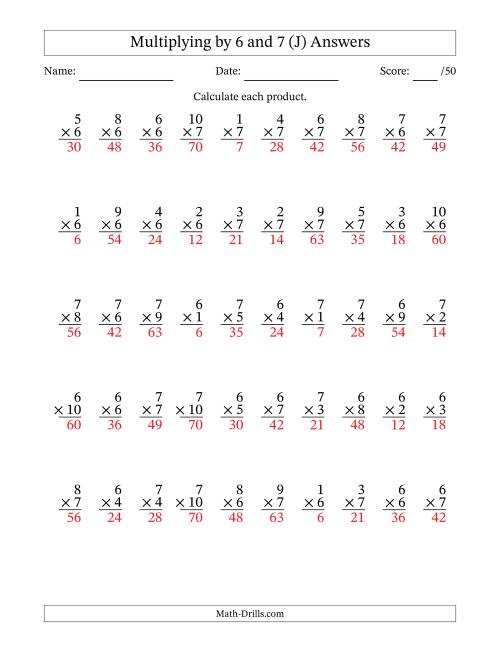The Multiplying (1 to 10) by 6 and 7 (50 Questions) (J) Math Worksheet Page 2