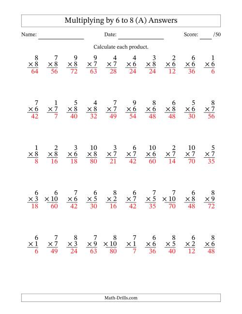The Multiplying (1 to 10) by 6 to 8 (50 Questions) (A) Math Worksheet Page 2