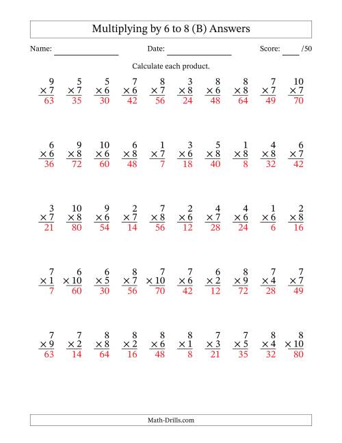 The Multiplying (1 to 10) by 6 to 8 (50 Questions) (B) Math Worksheet Page 2