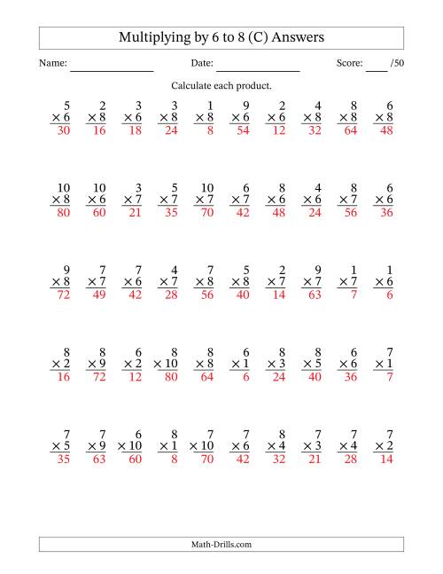 The Multiplying (1 to 10) by 6 to 8 (50 Questions) (C) Math Worksheet Page 2