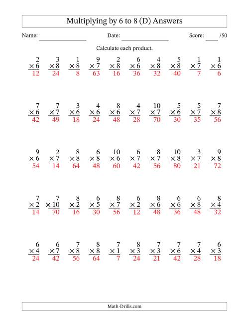 The Multiplying (1 to 10) by 6 to 8 (50 Questions) (D) Math Worksheet Page 2