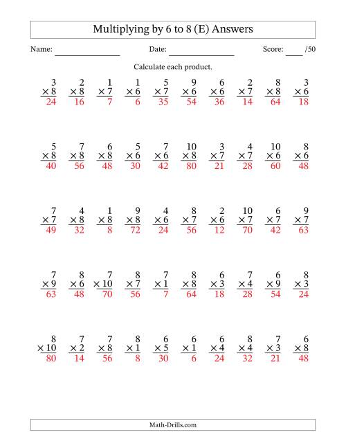 The Multiplying (1 to 10) by 6 to 8 (50 Questions) (E) Math Worksheet Page 2