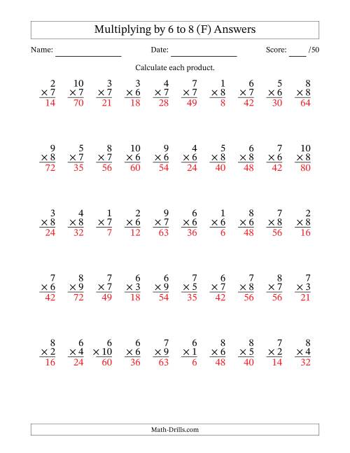The Multiplying (1 to 10) by 6 to 8 (50 Questions) (F) Math Worksheet Page 2