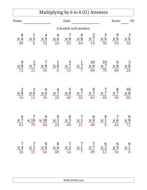 The Multiplying (1 to 10) by 6 to 8 (50 Questions) (G) Math Worksheet Page 2