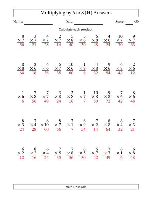 The Multiplying (1 to 10) by 6 to 8 (50 Questions) (H) Math Worksheet Page 2