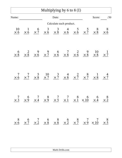 The Multiplying (1 to 10) by 6 to 8 (50 Questions) (I) Math Worksheet