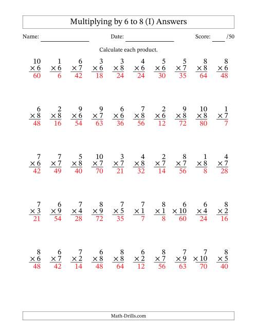 The Multiplying (1 to 10) by 6 to 8 (50 Questions) (I) Math Worksheet Page 2