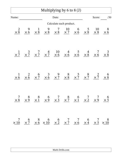 The Multiplying (1 to 10) by 6 to 8 (50 Questions) (J) Math Worksheet