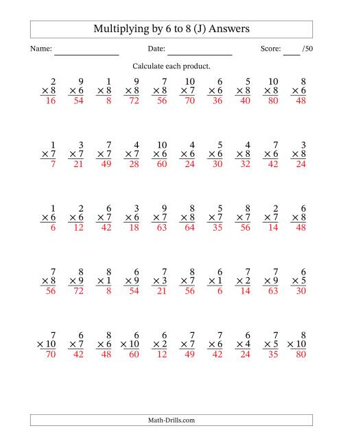 The Multiplying (1 to 10) by 6 to 8 (50 Questions) (J) Math Worksheet Page 2