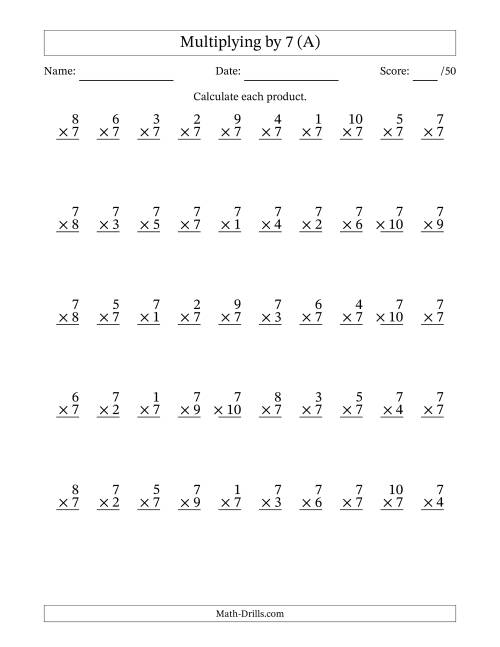 The Multiplying (1 to 10) by 7 (50 Questions) (A) Math Worksheet