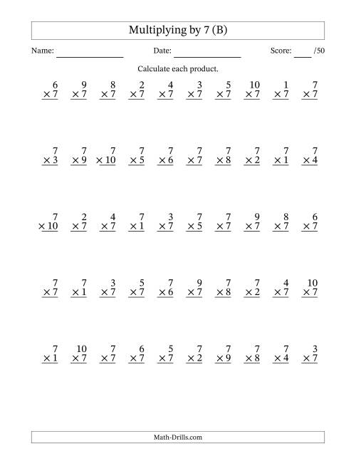 The Multiplying (1 to 10) by 7 (50 Questions) (B) Math Worksheet