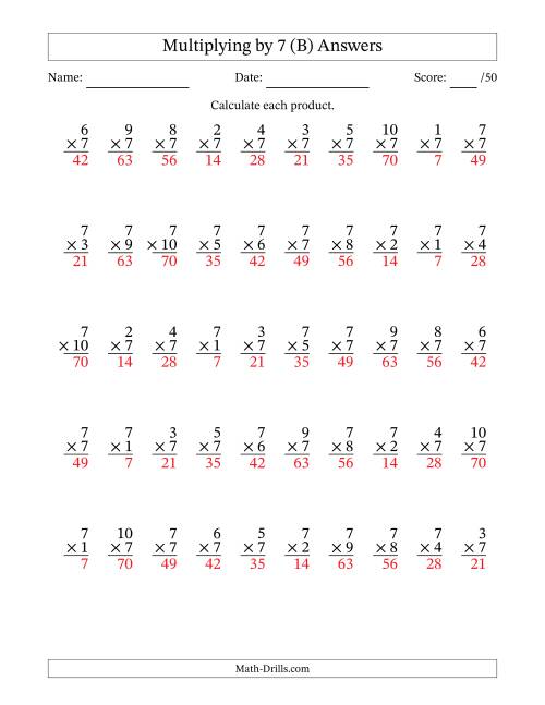 The Multiplying (1 to 10) by 7 (50 Questions) (B) Math Worksheet Page 2