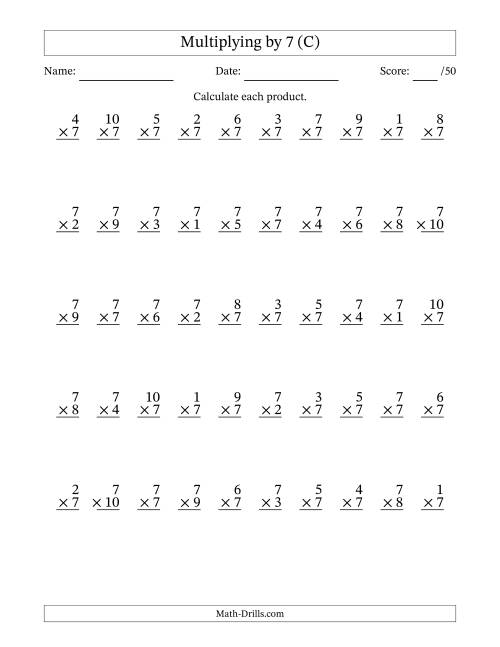 The Multiplying (1 to 10) by 7 (50 Questions) (C) Math Worksheet