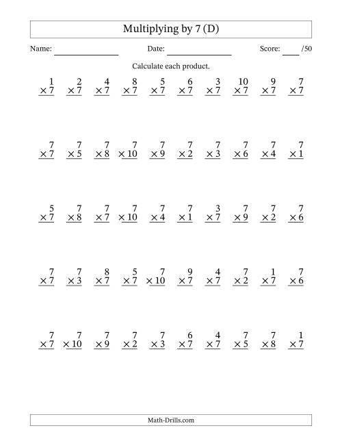 The Multiplying (1 to 10) by 7 (50 Questions) (D) Math Worksheet