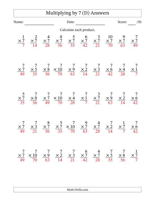 The Multiplying (1 to 10) by 7 (50 Questions) (D) Math Worksheet Page 2