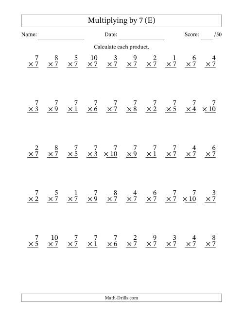 The Multiplying (1 to 10) by 7 (50 Questions) (E) Math Worksheet
