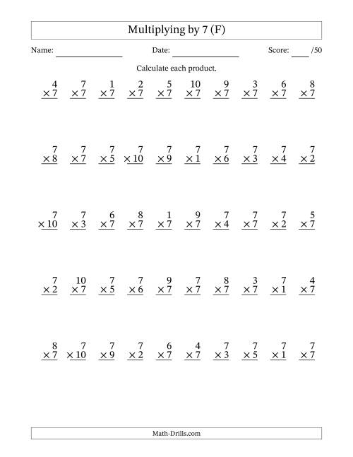 The Multiplying (1 to 10) by 7 (50 Questions) (F) Math Worksheet