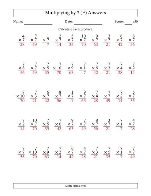 The Multiplying (1 to 10) by 7 (50 Questions) (F) Math Worksheet Page 2
