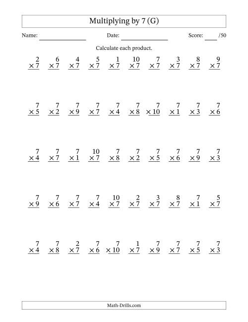 The Multiplying (1 to 10) by 7 (50 Questions) (G) Math Worksheet