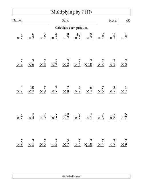 The Multiplying (1 to 10) by 7 (50 Questions) (H) Math Worksheet