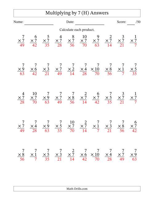 The Multiplying (1 to 10) by 7 (50 Questions) (H) Math Worksheet Page 2