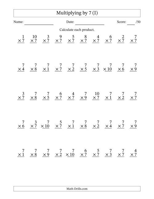 The Multiplying (1 to 10) by 7 (50 Questions) (I) Math Worksheet