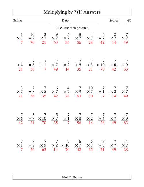 The Multiplying (1 to 10) by 7 (50 Questions) (I) Math Worksheet Page 2