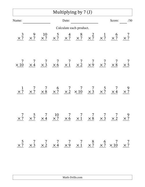 The Multiplying (1 to 10) by 7 (50 Questions) (J) Math Worksheet