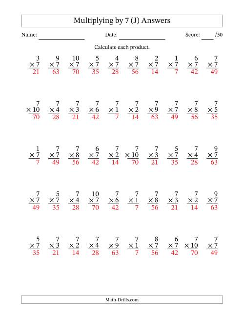 The Multiplying (1 to 10) by 7 (50 Questions) (J) Math Worksheet Page 2