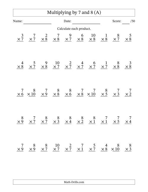 The Multiplying (1 to 10) by 7 and 8 (50 Questions) (A) Math Worksheet