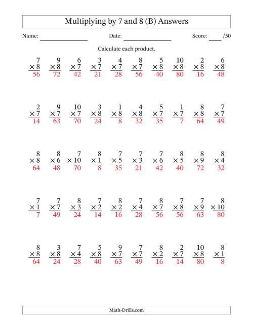 The Multiplying (1 to 10) by 7 and 8 (50 Questions) (B) Math Worksheet Page 2