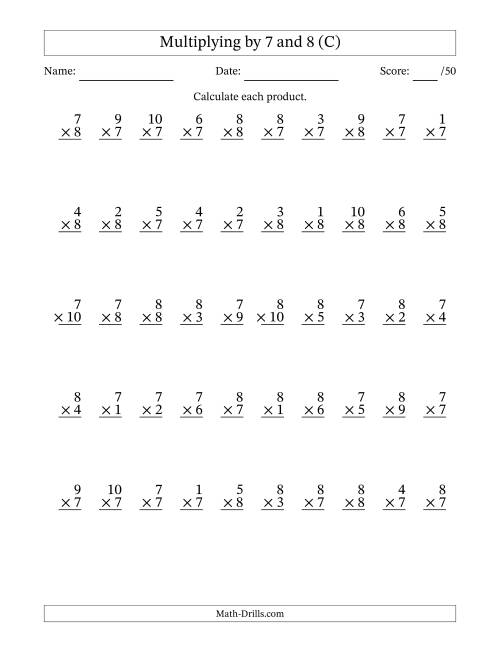 The Multiplying (1 to 10) by 7 and 8 (50 Questions) (C) Math Worksheet